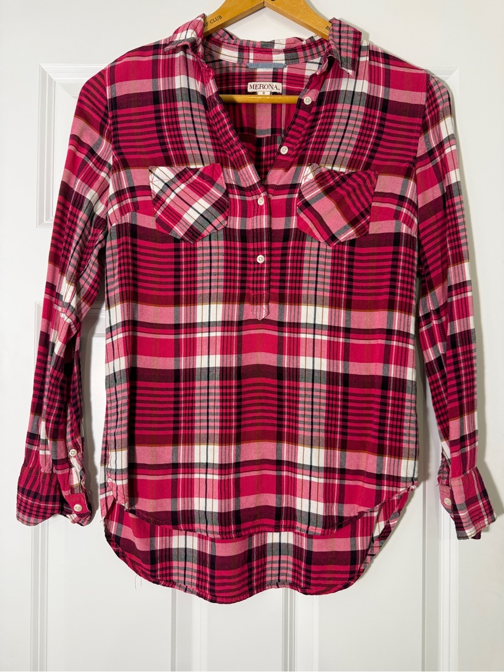 Merona Pink and White Plaid Button-Front Women's Shirt